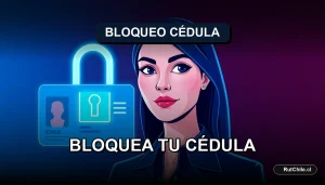 Ilustración de estilo cibernético que representa la seguridad y el bloqueo de documentos de identidad chilenos, como la cédula de identidad o la placa patente.