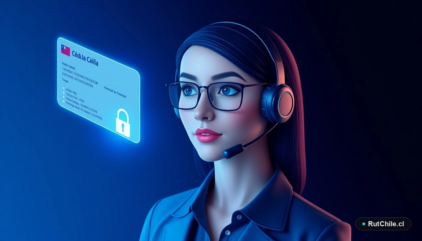 Ilustración 3D de una analista de ciberseguridad verificando una cédula de identidad chilena y un candado digital para la Clave Única.