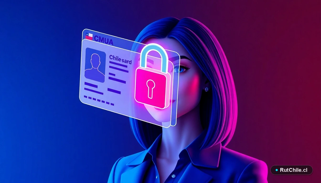 Mujer experta en ciberseguridad analizando un carnet de identidad chileno bloqueado digitalmente en una interfaz tecnológica.