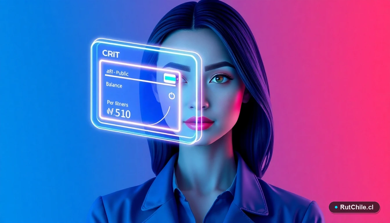 Ilustración tecnológica 3D de una analista revisando el saldo de una tarjeta Bip en una interfaz digital segura.