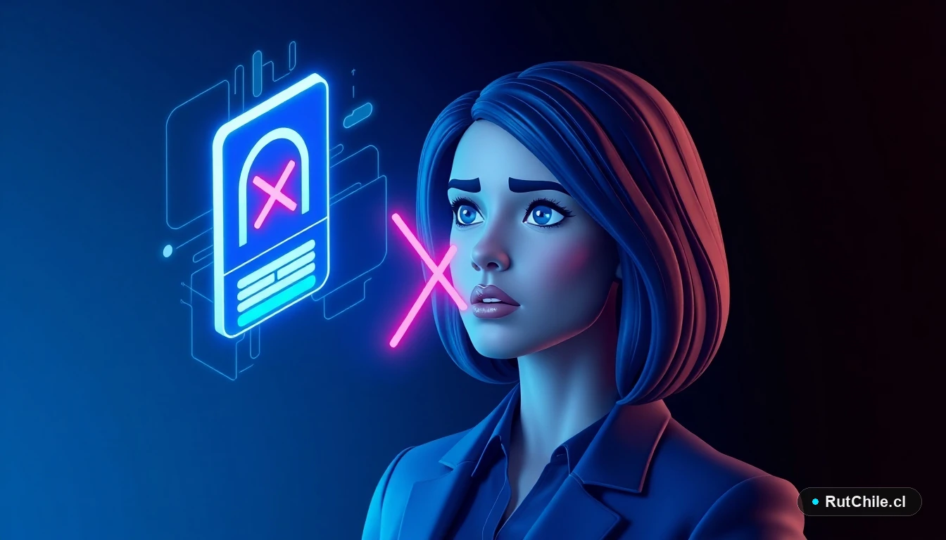 Mujer analista de ciberseguridad observando una cédula de identidad digital dañada, concepto de errores en el bloqueo de documentos.