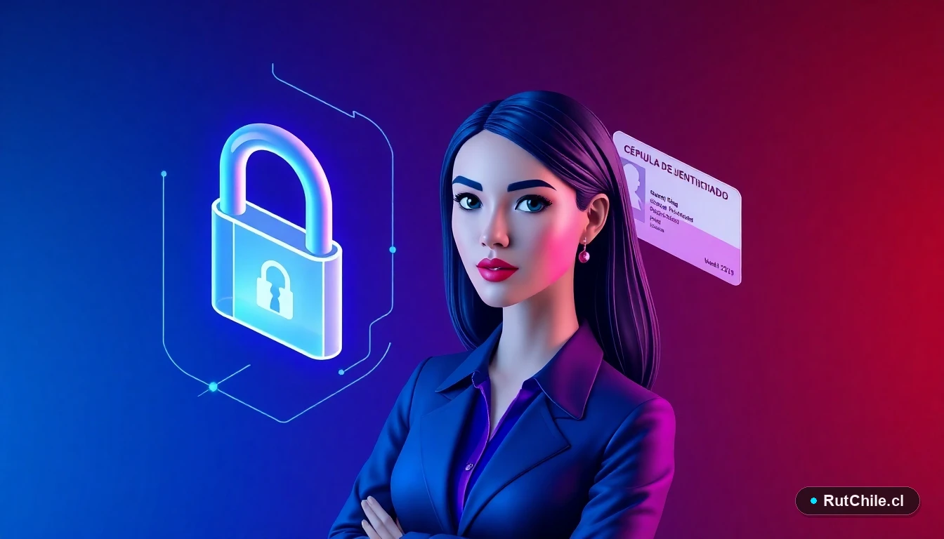 Ilustración tecnológica 3D de una experta en ciberseguridad junto a un candado digital y una cédula de identidad chilena flotante, representando la protección de identidad.