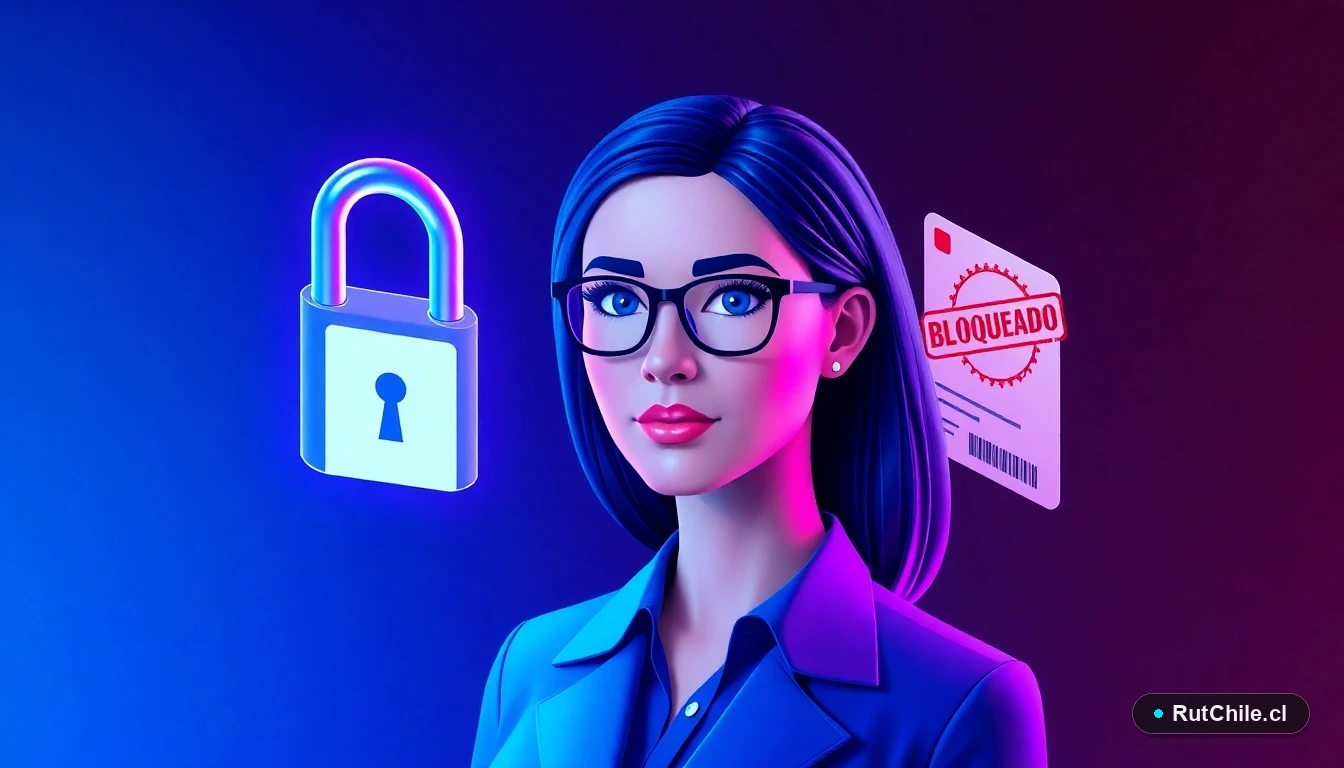 Ilustración tecnológica 3D de una analista de ciberseguridad junto a un candado digital y una cédula de identidad bloqueada.