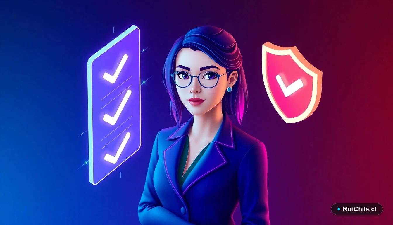 Ilustración 3D de una profesional de ciberseguridad junto a un checklist digital flotante para verificar empresas en Chile.