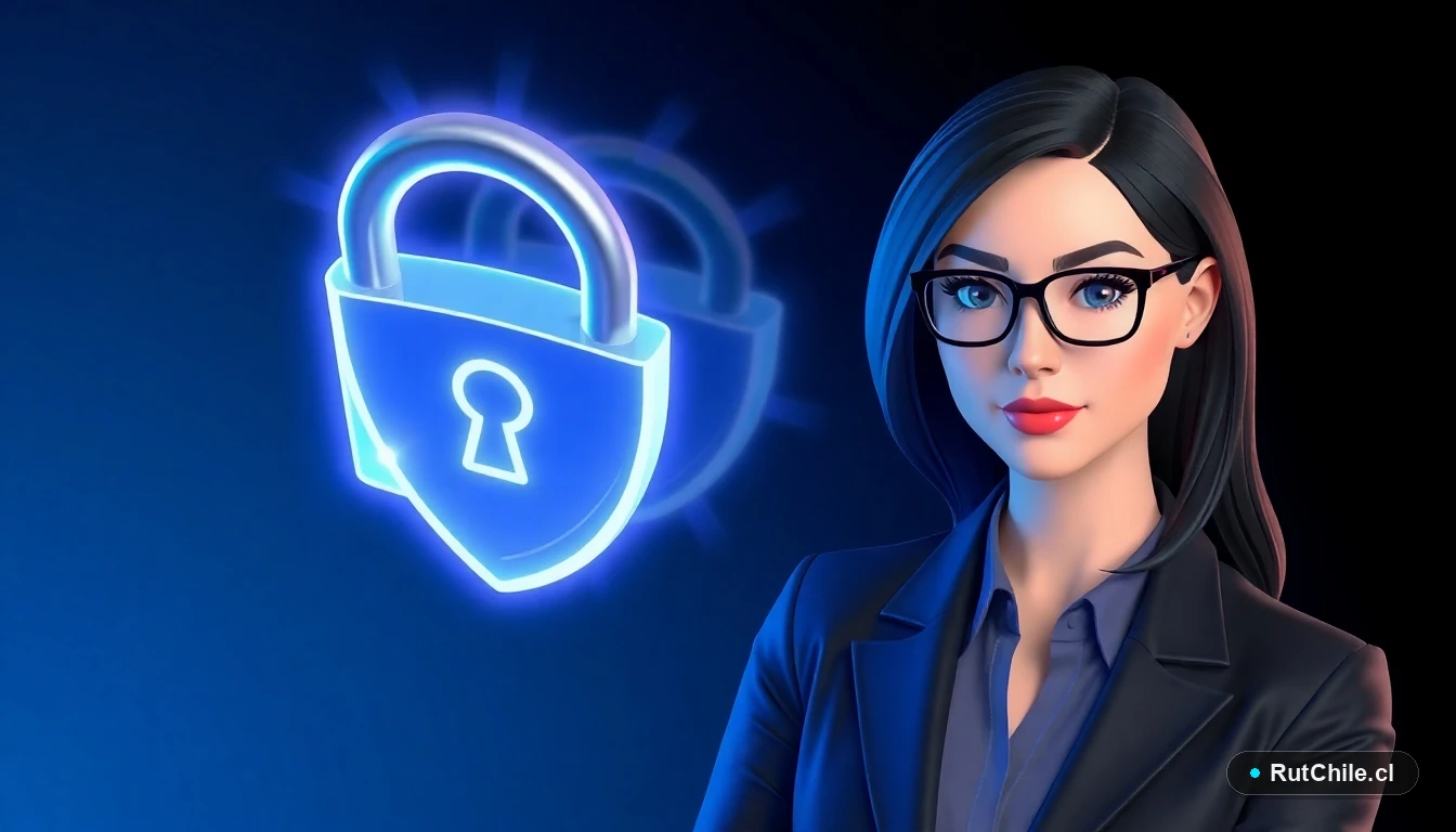 Ilustración 3D de una experta en ciberseguridad protegiendo un candado digital que representa la ClaveÚnica