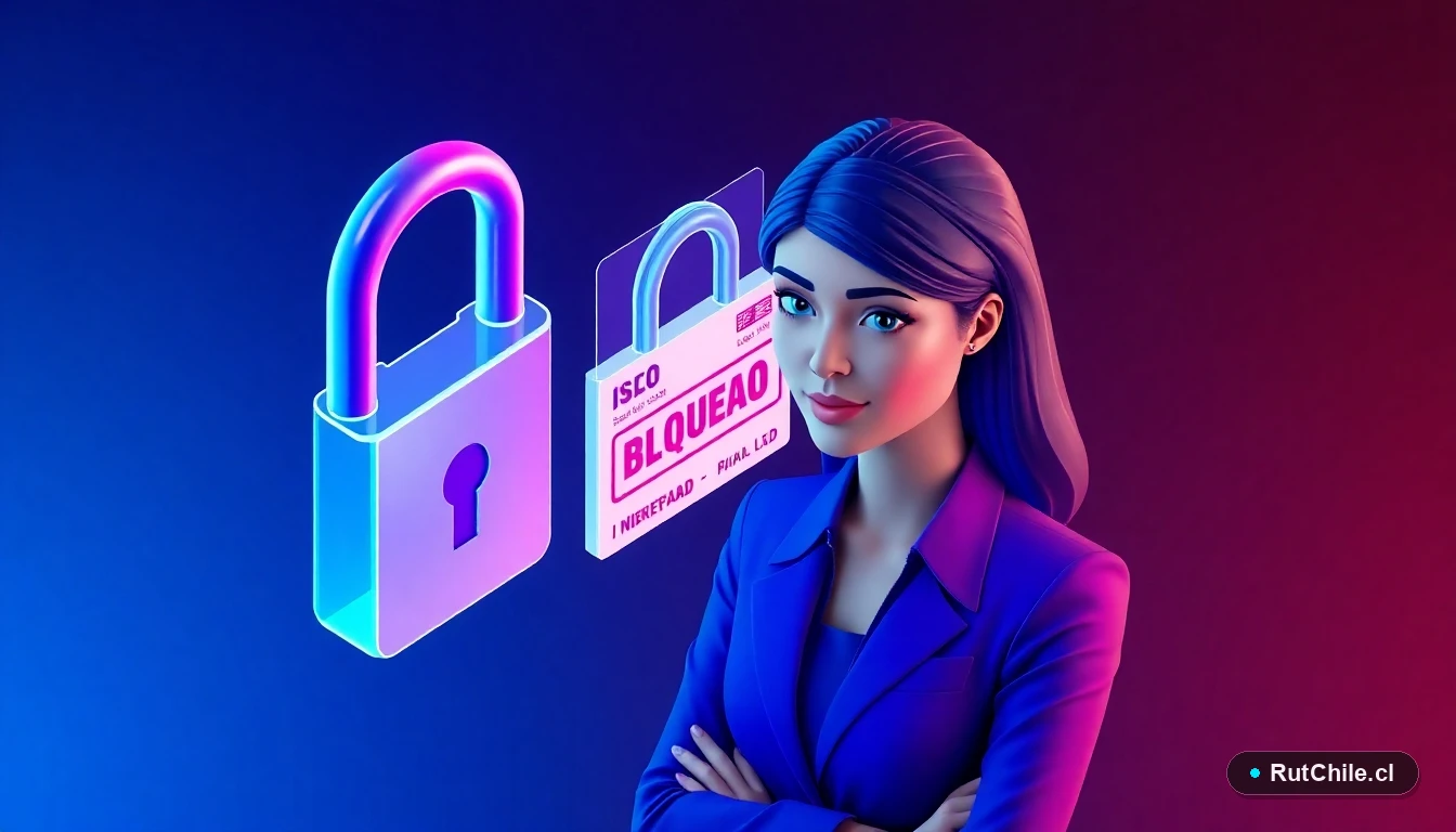 Ilustración tecnológica 3D de una analista de ciberseguridad junto a un candado digital y un carnet de identidad bloqueado.