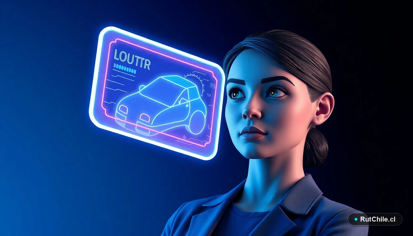 Mujer experta en ciberseguridad analizando el historial de un vehículo en una interfaz digital futurista.