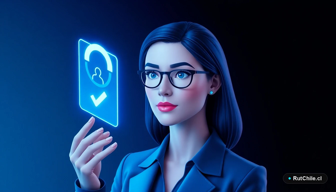 Mujer analista de ciberseguridad verificando un certificado de identidad digital flotante con colores tecnológicos.