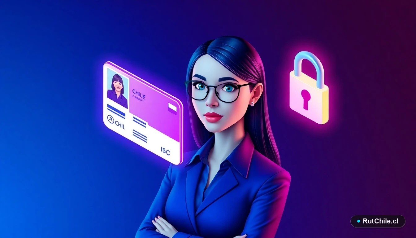 Ilustración 3D de una analista de ciberseguridad verificando una cédula de identidad digital en Chile, con elementos de bloqueo y seguridad.
